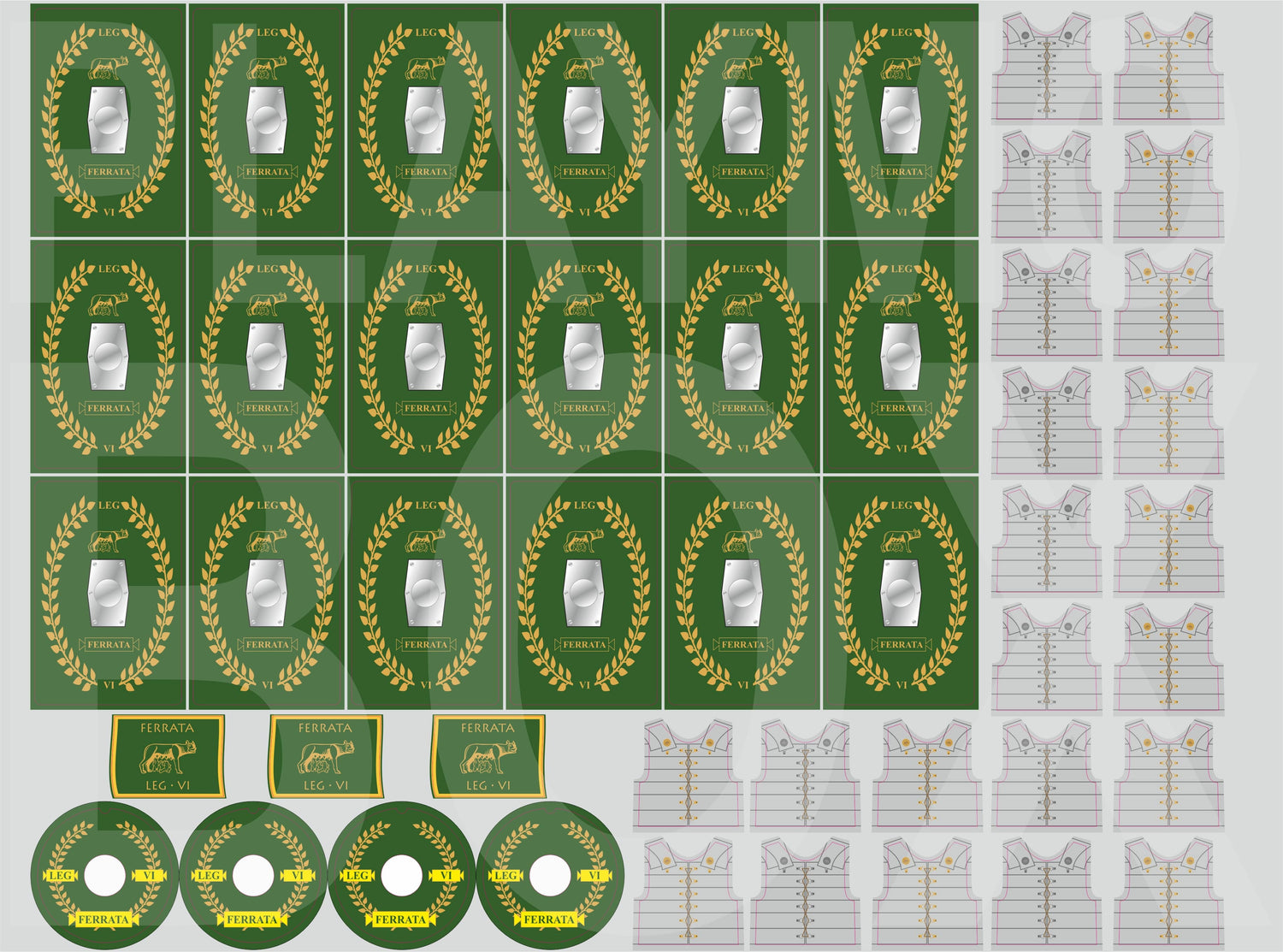 Premium pre-cut Playmobil stickers for Legio VI Ferrata shields & torsos. Waterproof, durable Roman legion decals for collectors.