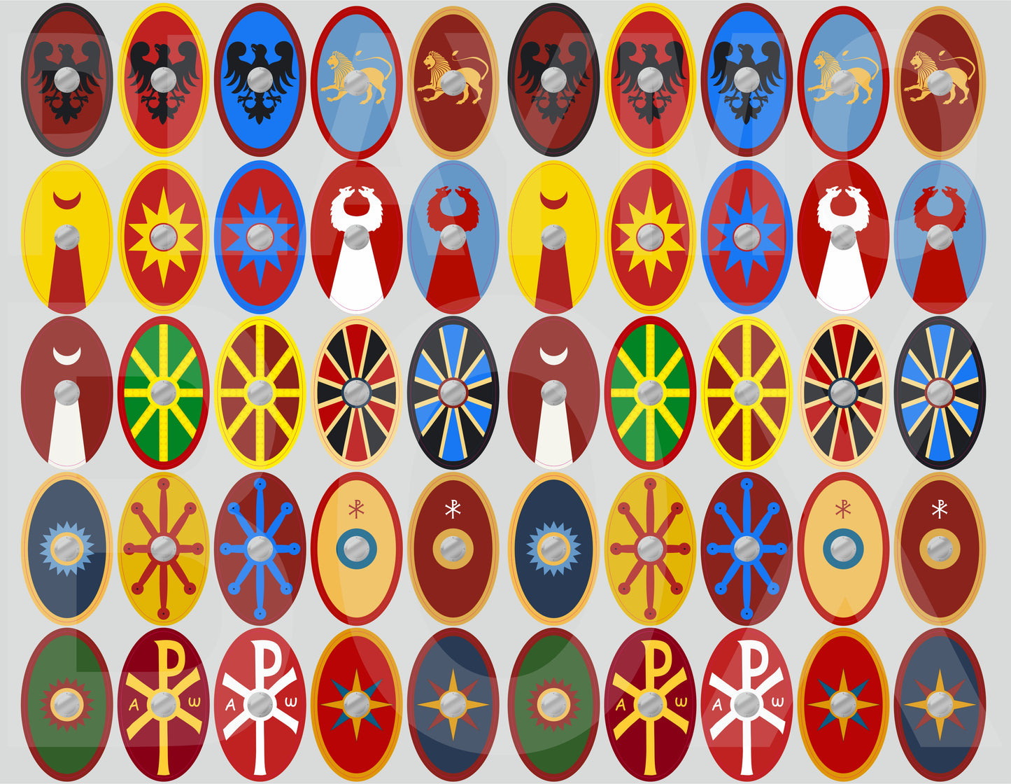 Premium pre-cut Playmobil stickers for Roman Legion Oval shields. Waterproof, durable Roman legion decals for collectors.