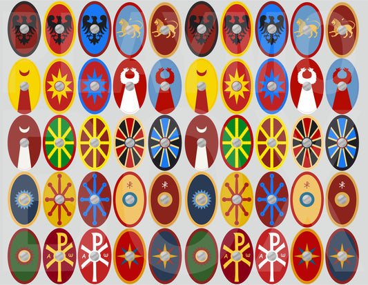 Premium pre-cut Playmobil stickers for Roman Legion Oval shields. Waterproof, durable Roman legion decals for collectors.