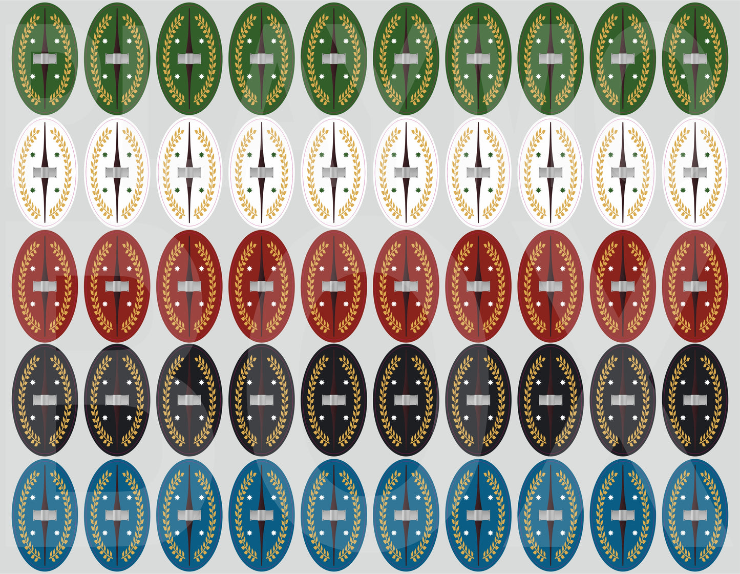 Premium pre-cut Playmobil stickers for Roman Legion Oval shields. Waterproof, durable Roman legion decals for collectors.