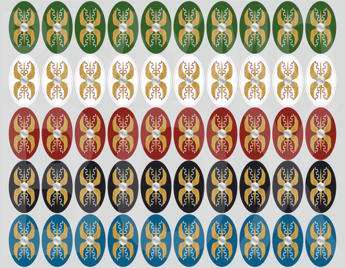 Premium pre-cut Playmobil stickers for Roman Legion Oval shields. Waterproof, durable Roman legion decals for collectors.