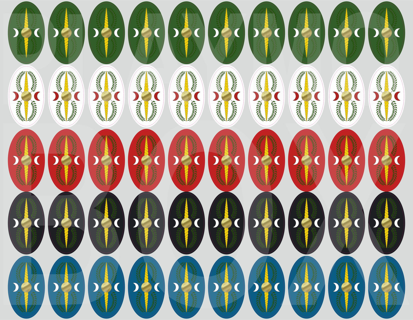 Premium pre-cut Playmobil stickers for Roman Legion Oval shields. Waterproof, durable Roman legion decals for collectors.