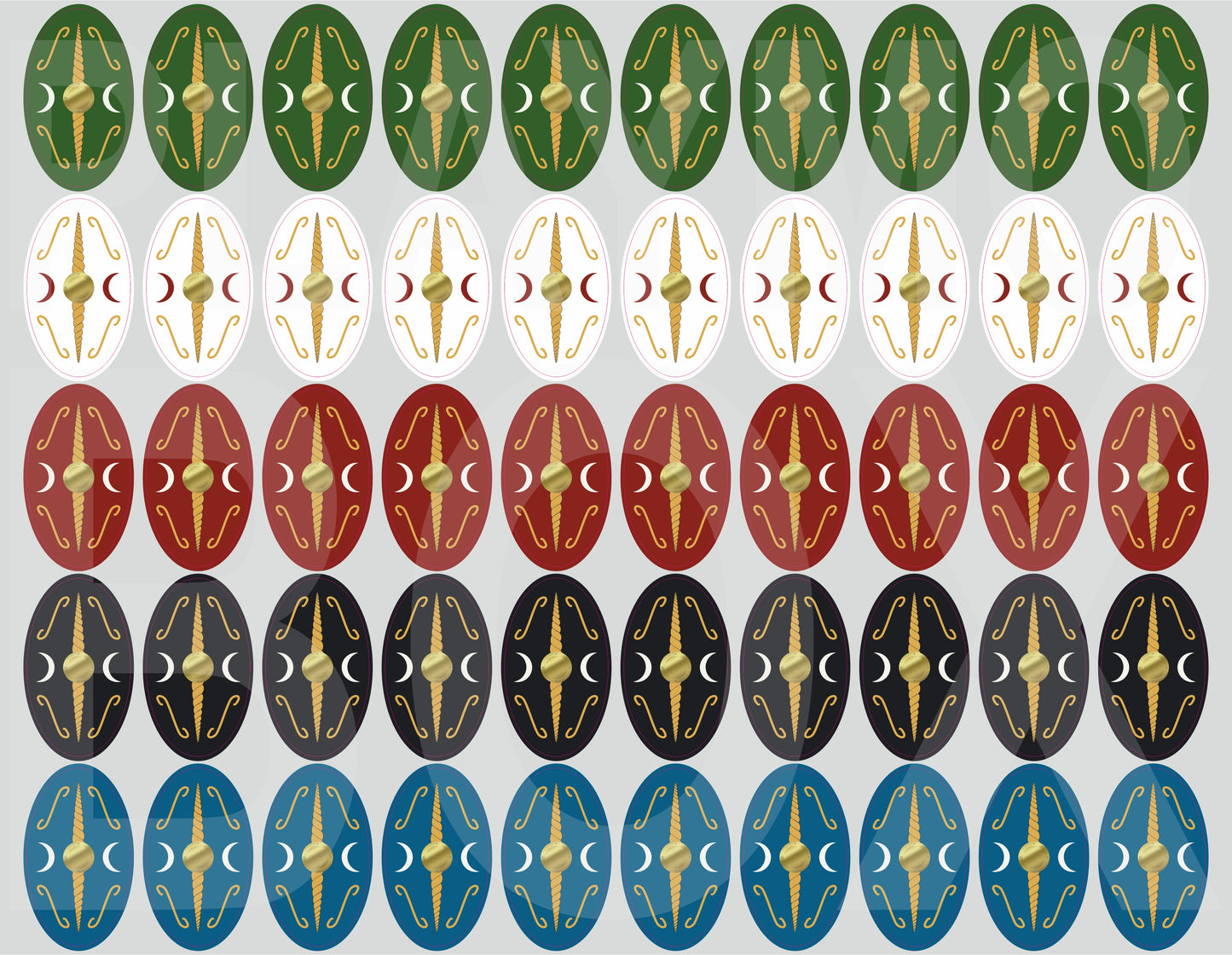 Premium pre-cut Playmobil stickers for Roman Legion Oval shields. Waterproof, durable Roman legion decals for collectors.
